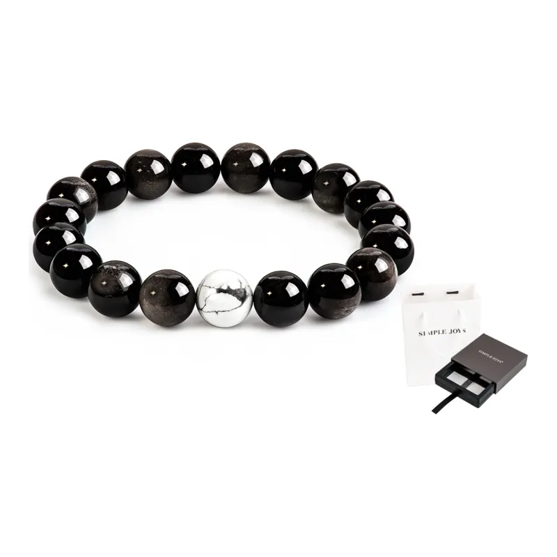SIMPLE JOYS Silver Sheen Obsidian White Turquoise Couple Beaded Bracelet Unisex 1 Pair, Stretch-8