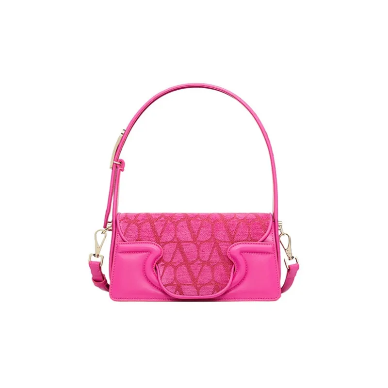 Valentino Canvas With Goatskin Detail Canvas Bag, Shoulder Bag, Crossbody Bag, Handbag Small Size Women's Pink-0