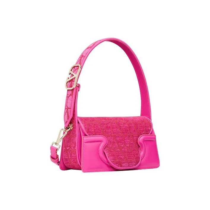 Valentino Canvas With Goatskin Detail Canvas Bag, Shoulder Bag, Crossbody Bag, Handbag Small Size Women's Pink-1