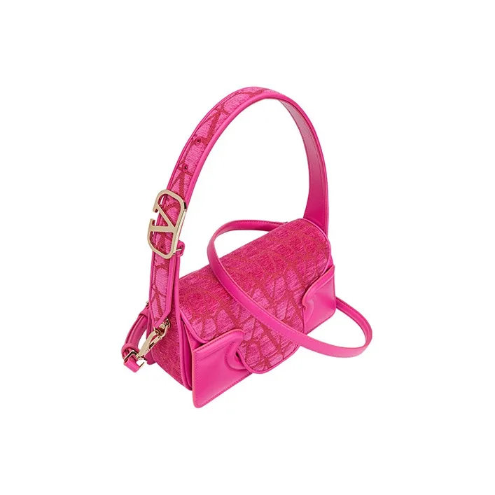 Valentino Canvas With Goatskin Detail Canvas Bag, Shoulder Bag, Crossbody Bag, Handbag Small Size Women's Pink-3