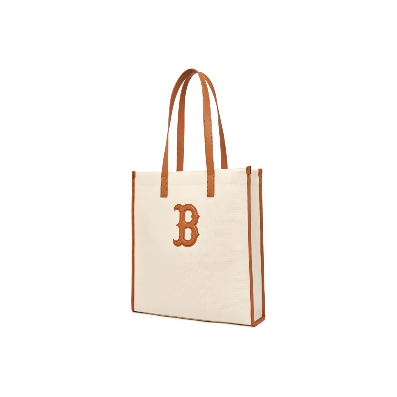 MLB Cotton With Polyester Tote Shopping Bag Handbag Shoulder Bag Unisex Ecru & Milk Tea Brown-1