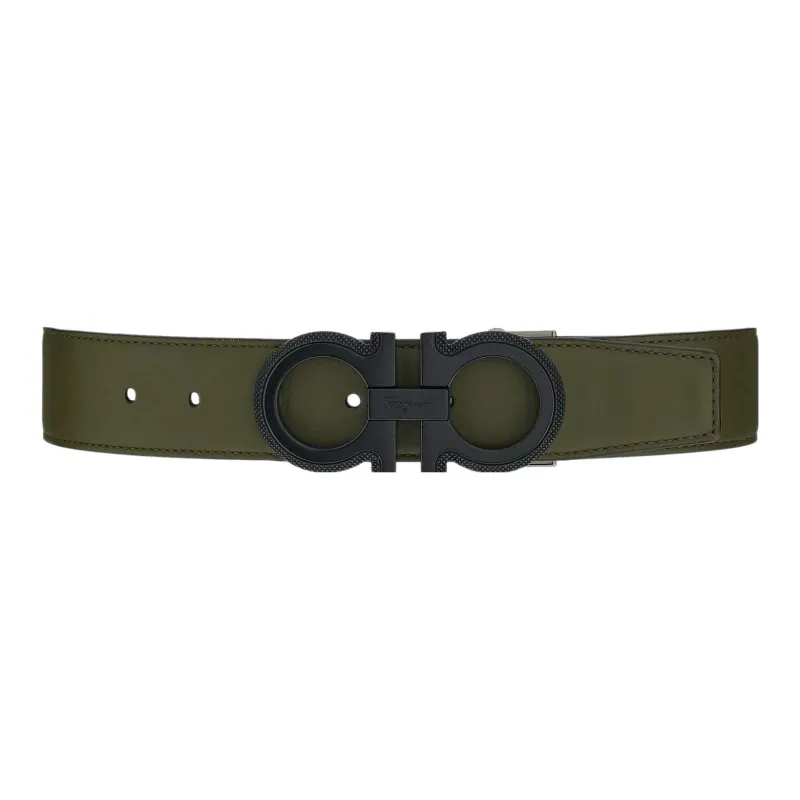 FERRAGAMO Trendy Minimalist Style Classic Smooth Buckle Cow Leather Belt Men's Green Width: 3.5cm-0