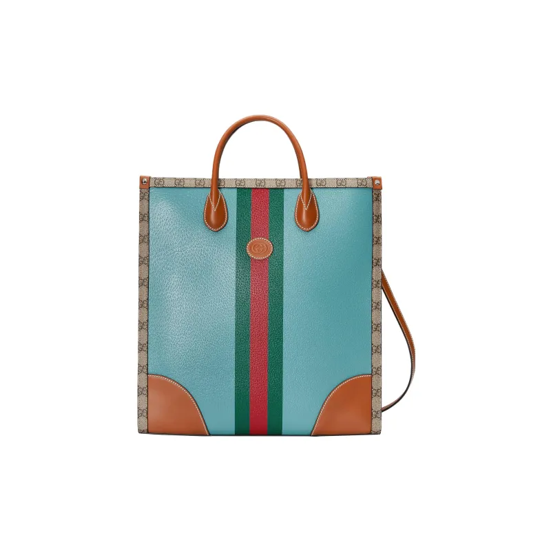 GUCCI Canvas With Leather Tote Bag Shopping Bag Portable Crossbody Bag Shoulder Bag Medium Size Men's Brown/Blue-0