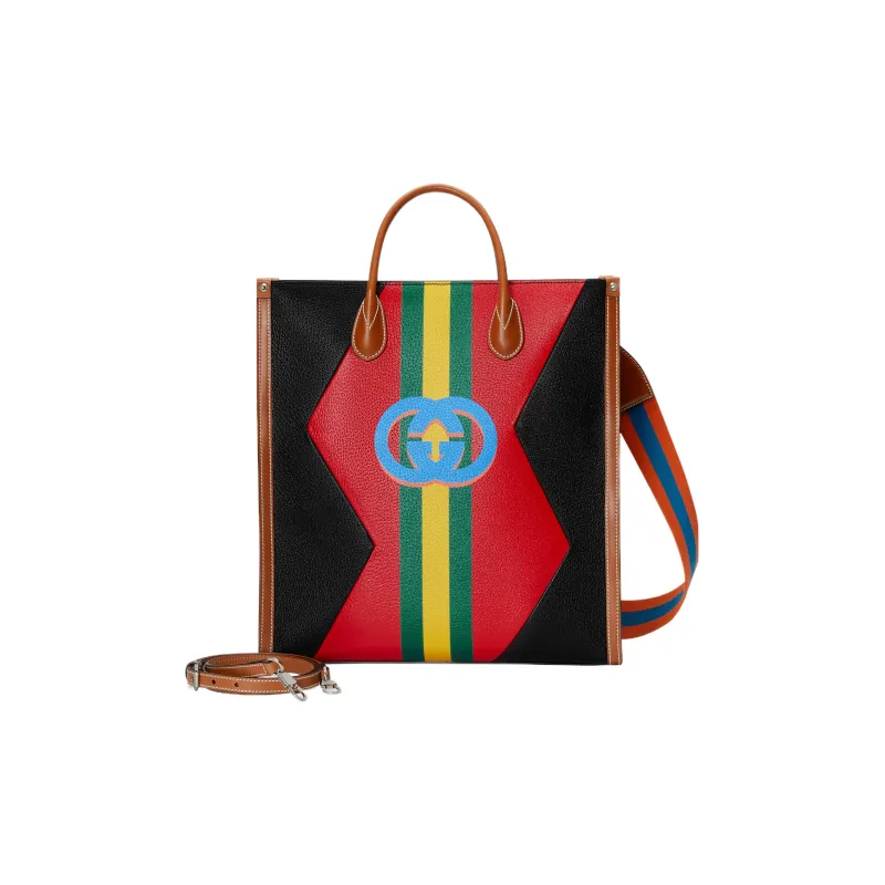 GUCCI Leather Tote Bag Shopping Bag Shoulder Bag Crossbody Bag Handbag Medium Size Men's Black/Red-2