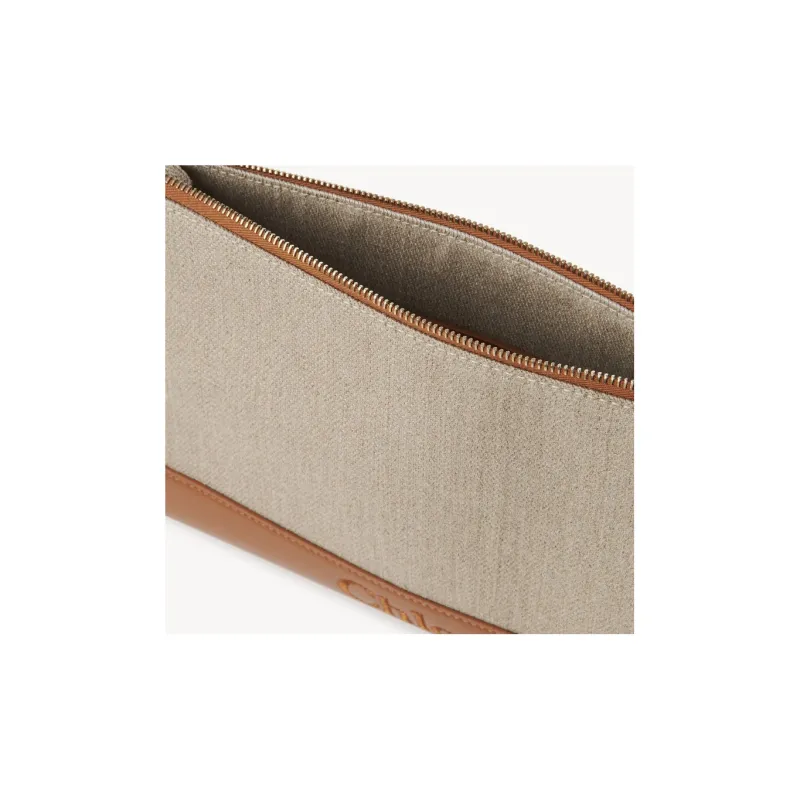 Chloe Linen With Shiny Calfskin Clutch Women's Caramel-2