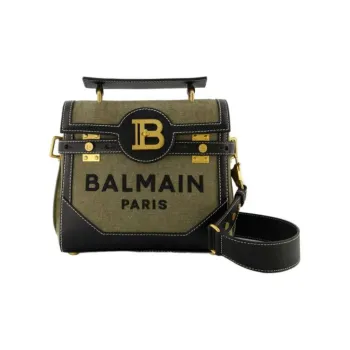 BALMAIN B BUZZ Leather With Cotton And Linen Shoulder Bag, Crossbody Bag, Handbag Women's Khaki Green/Black
