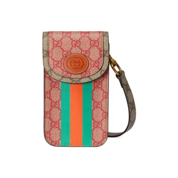 GUCCI Superme Canvas With Leather Cigarette Case Bag One Shoulder Crossbody Cell Phone Pouch Mini Men's Brown/Pink