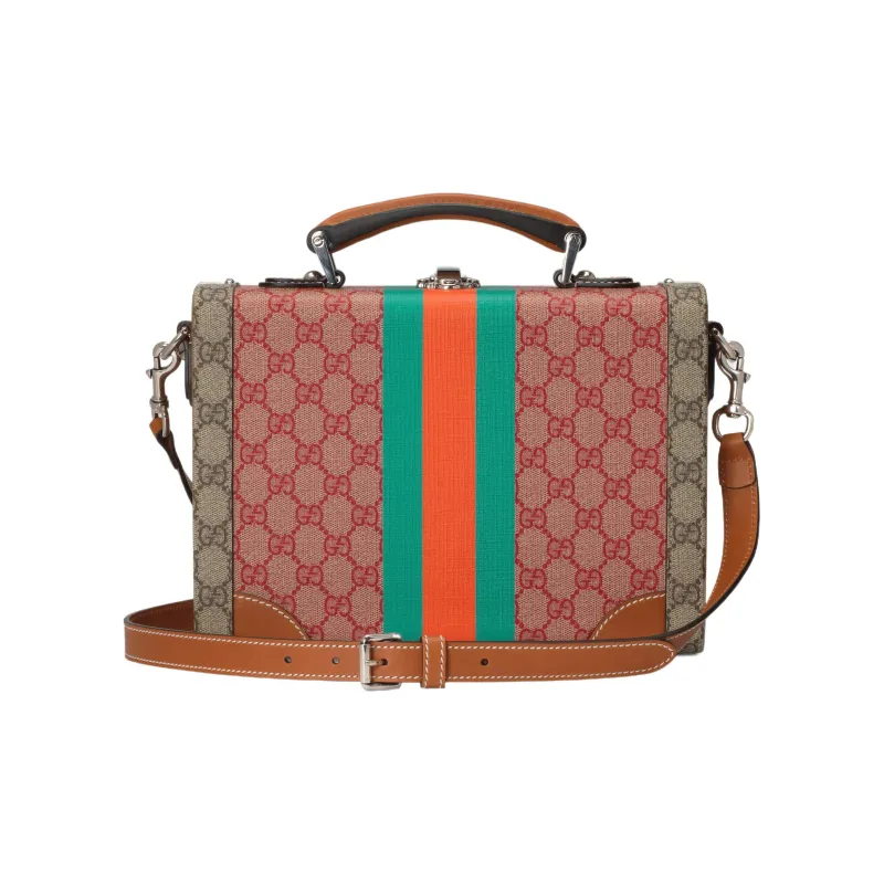 GUCCI Superme Canvas With Leather Makeup Bag One Shoulder Crossbody Canvas Bag Handbag Men's Brown/Pink-2