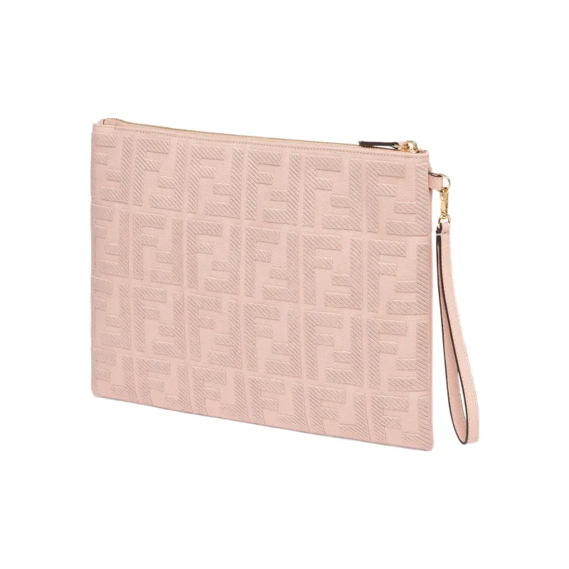 FENDI Fabric Cow Leather Patchwork Clutch Large Size Women's Pink-1