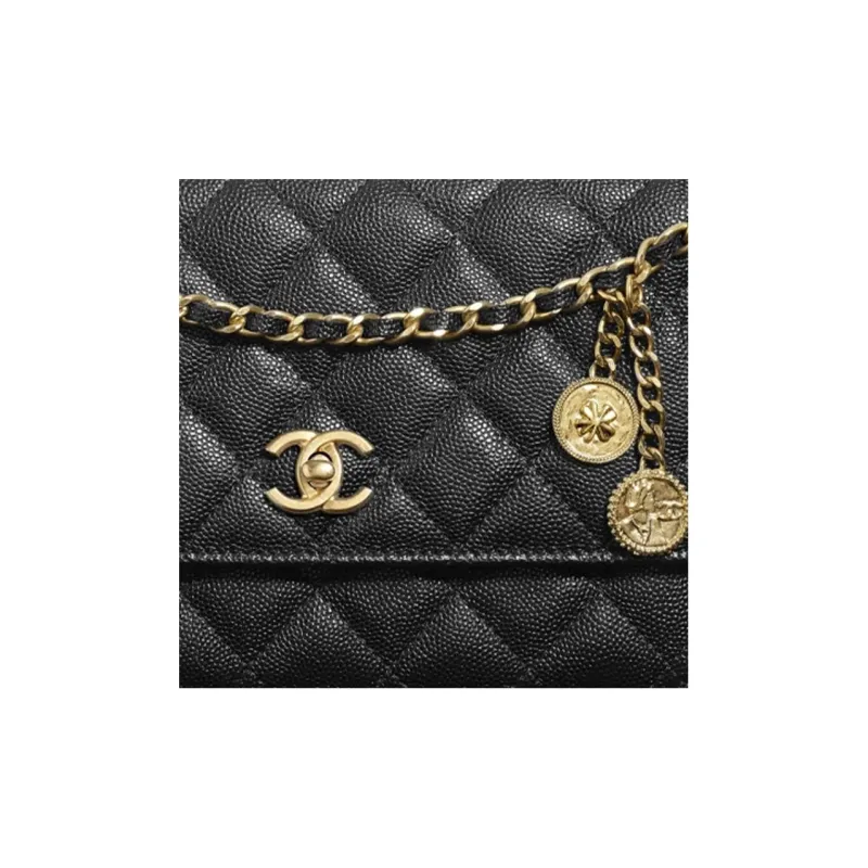 CHANEL Gold Coin Chain Black Wallet On Chain Black-4