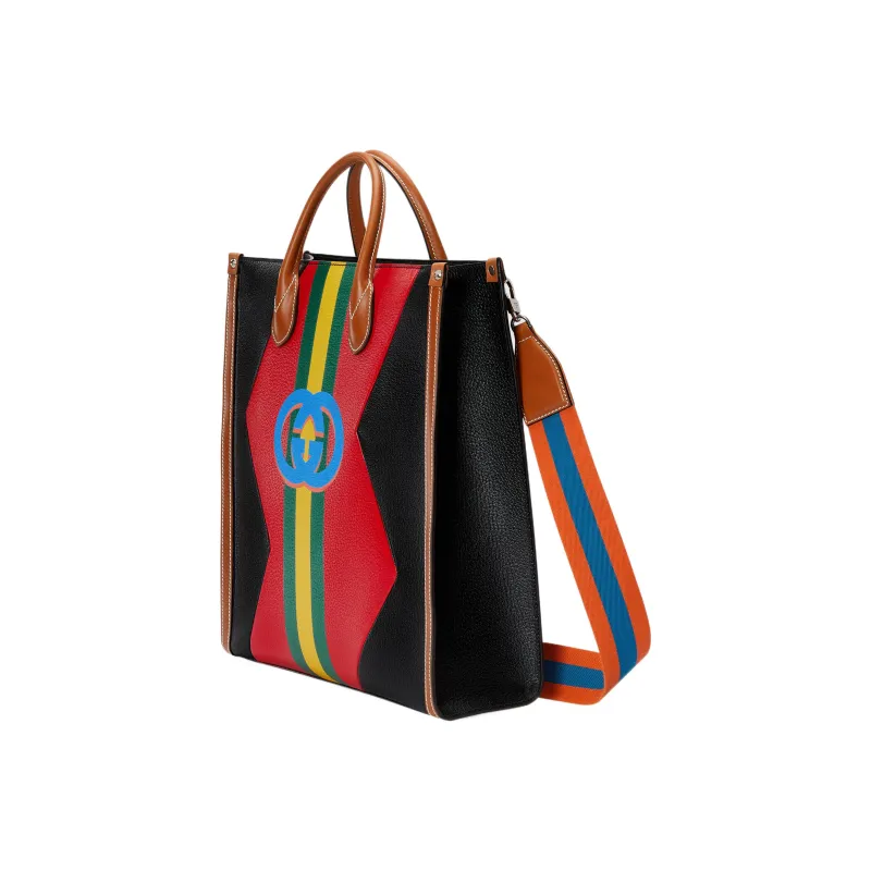 GUCCI Leather Tote Bag Shopping Bag Shoulder Bag Crossbody Bag Handbag Medium Size Men's Black/Red-1