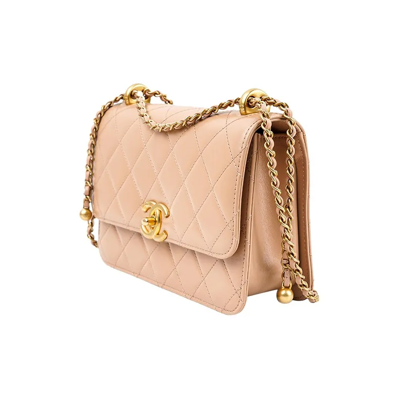 CHANEL Calfskin Pochette Handbag, Shoulder Bag, Crossbody Bag Trumpets Women's Nude Milk Tea-1