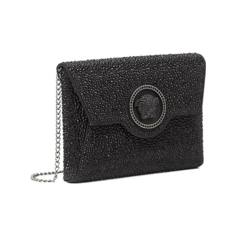 VERSACE La Medusa Leather One Shoulder Crossbody Clutches Women's Black-2