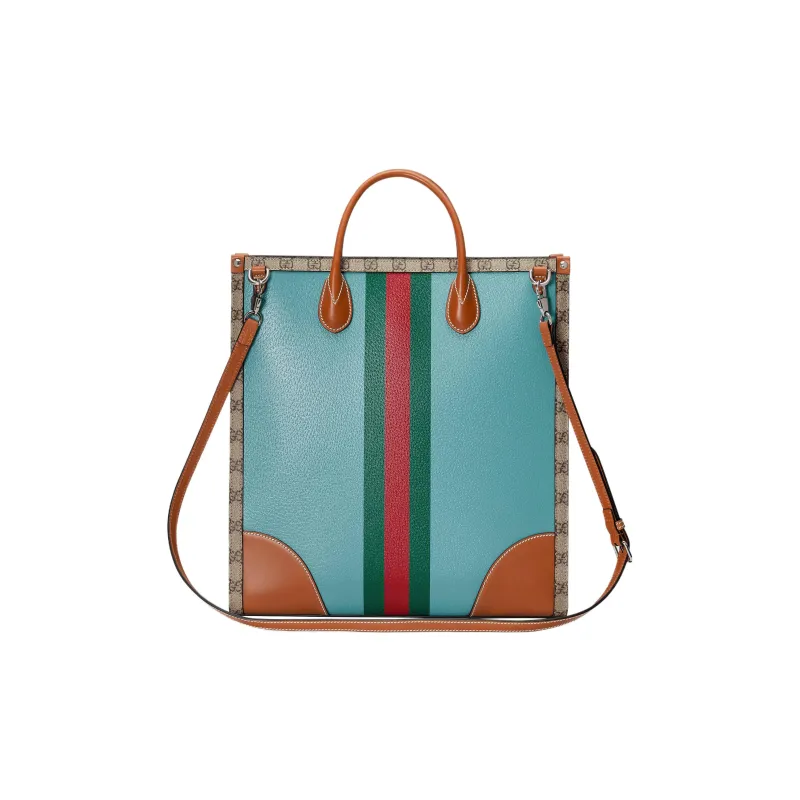 GUCCI Canvas With Leather Tote Bag Shopping Bag Portable Crossbody Bag Shoulder Bag Medium Size Men's Brown/Blue-3