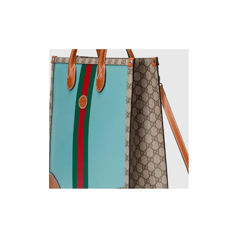 GUCCI Canvas With Leather Tote Bag Shopping Bag Portable Crossbody Bag Shoulder Bag Medium Size Men's Brown/Blue-6