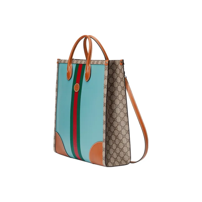 GUCCI Canvas With Leather Tote Bag Shopping Bag Portable Crossbody Bag Shoulder Bag Medium Size Men's Brown/Blue-1