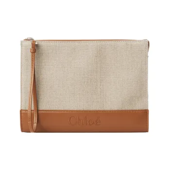 Chloe Linen With Shiny Calfskin Clutch Women's Caramel