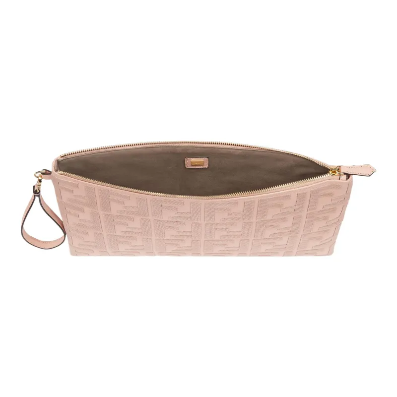 FENDI Fabric Cow Leather Patchwork Clutch Large Size Women's Pink-2
