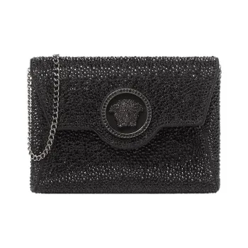 VERSACE La Medusa Leather One Shoulder Crossbody Clutches Women's Black