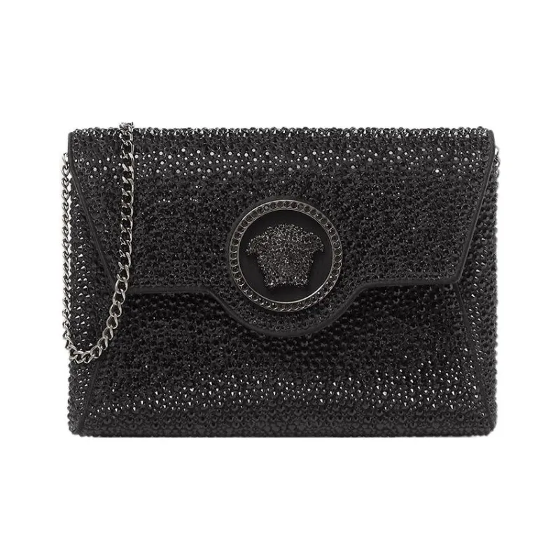 VERSACE La Medusa Leather One Shoulder Crossbody Clutches Women's Black-0