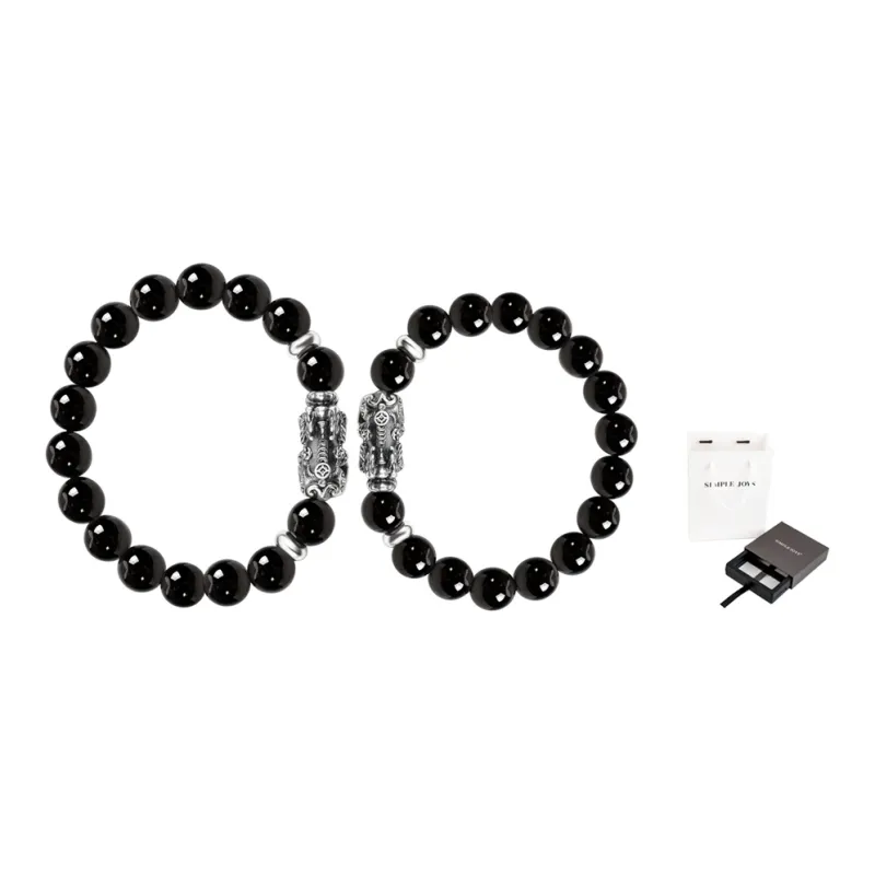 SIMPLE JOYS Obsidian 3D Sterling Silver Chinese Auspicious Animal Beaded Bracelet Unisex-8