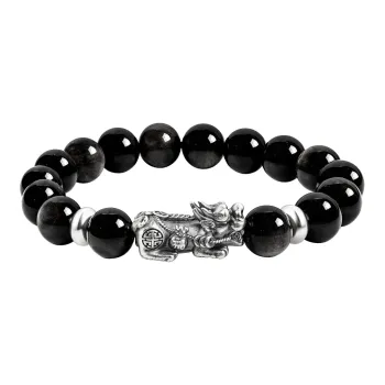 SIMPLE JOYS Obsidian 3D Sterling Silver Chinese Auspicious Animal Beaded Bracelet Unisex