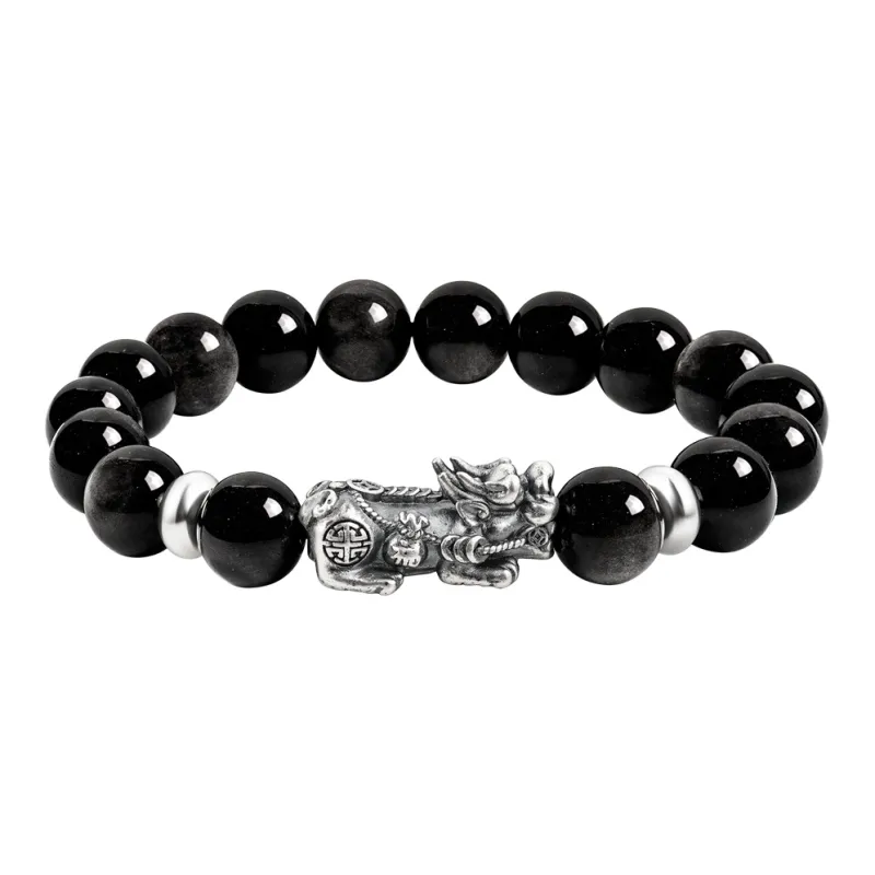 SIMPLE JOYS Obsidian 3D Sterling Silver Chinese Auspicious Animal Beaded Bracelet Unisex-0