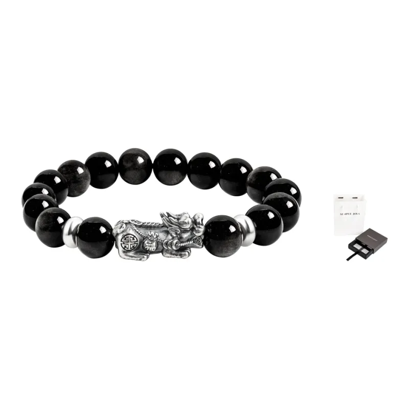 SIMPLE JOYS Obsidian 3D Sterling Silver Chinese Auspicious Animal Beaded Bracelet Unisex-1