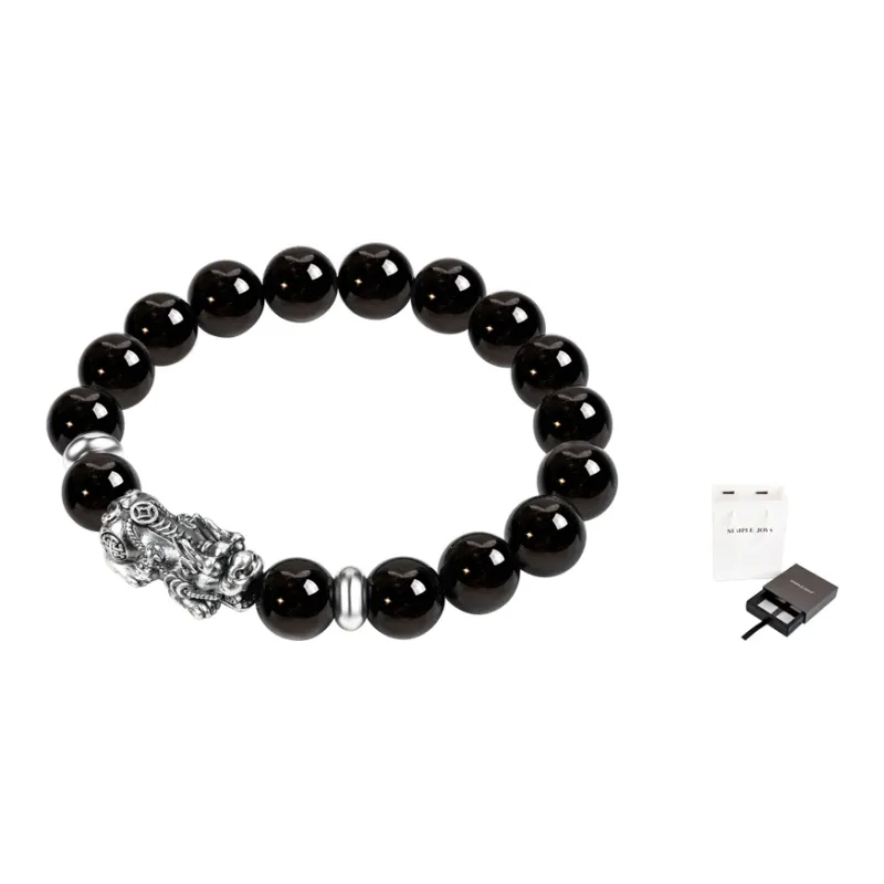 SIMPLE JOYS Obsidian 3D Sterling Silver Chinese Auspicious Animal Beaded Bracelet Unisex-13
