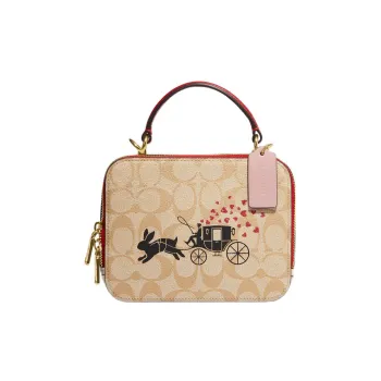 COACH BOX CROSSBODY Canvas With Leather Box Bag, Handbag, Crossbody Bag Small Size Women's Khaki & Pink