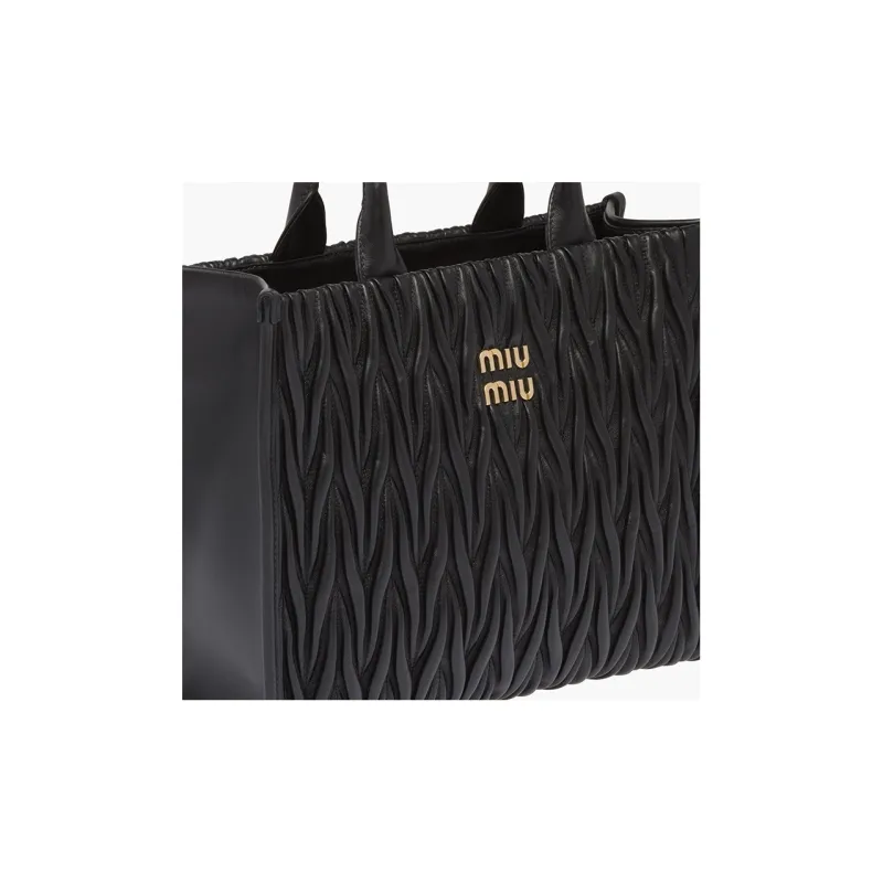 MIU MIU Matelassé Leather Patchwork With Sheepskin Tote Bag Shopping Bag Handbag Women's Black-3