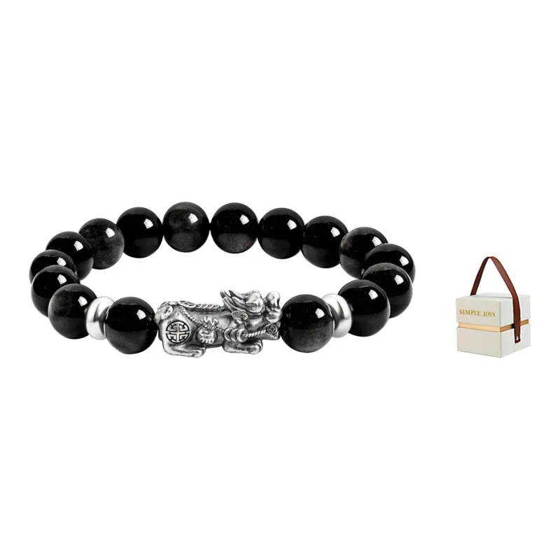 SIMPLE JOYS Obsidian 3D Sterling Silver Chinese Auspicious Animal Beaded Bracelet Unisex-4