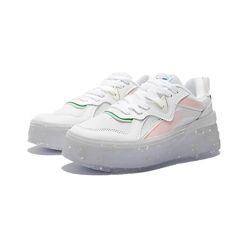 LiNing Wave Platform Anti-Slip Wear-Resistant Low-Top Skateboard Shoes Women's White Pink Green-2