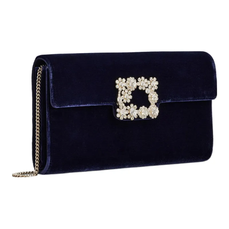 Roger Vivier Flower Strass Velvet Envelope Bag, One Shoulder Crossbody, Clutch Mini Women's Blue-2