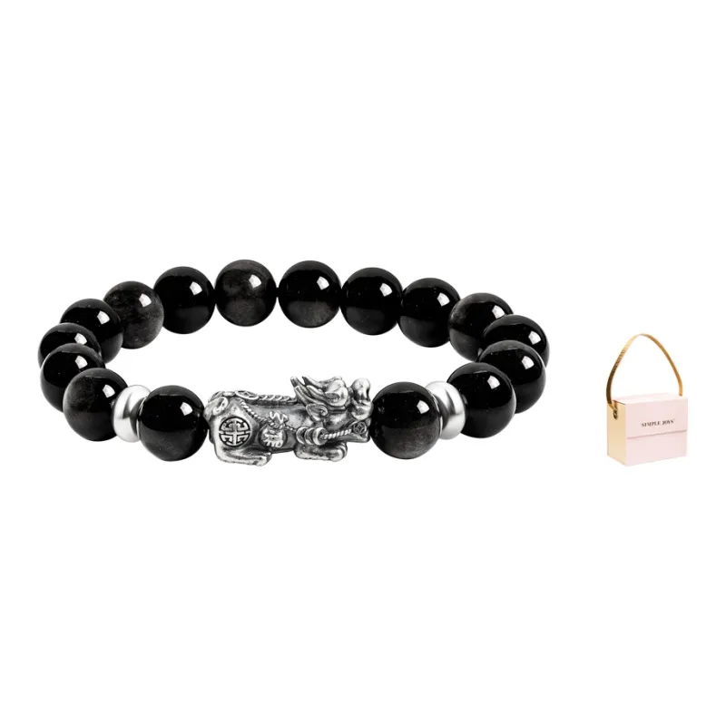 SIMPLE JOYS Obsidian 3D Sterling Silver Chinese Auspicious Animal Beaded Bracelet Unisex-6
