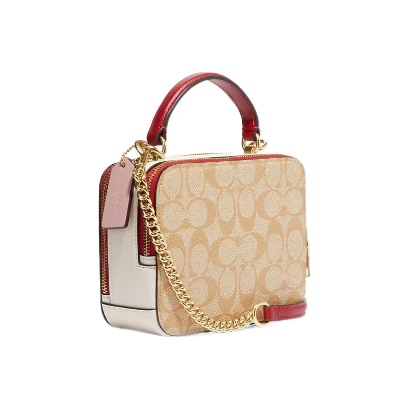 COACH BOX CROSSBODY Canvas With Leather Box Bag, Handbag, Crossbody Bag Small Size Women's Khaki & Pink-1