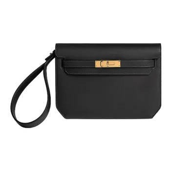 HERMES Kelly Depeches Evergrain Calfskin Clutch Regular Men's Noir Black