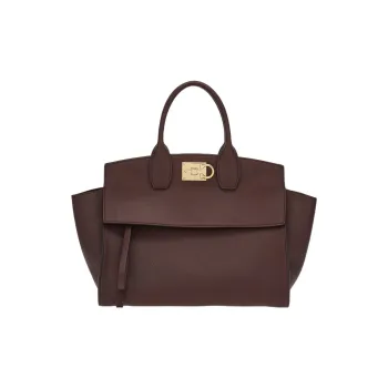 FERRAGAMO Studio Hammered Texture Cow Leather Handbag Tubas Women's Coffee