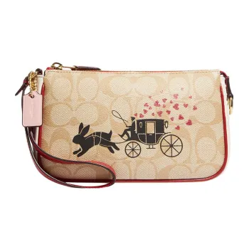 COACH Nolita Canvas With Leather Mahjong Bag Portable Clutch Small Size Women's Khaki & Pink