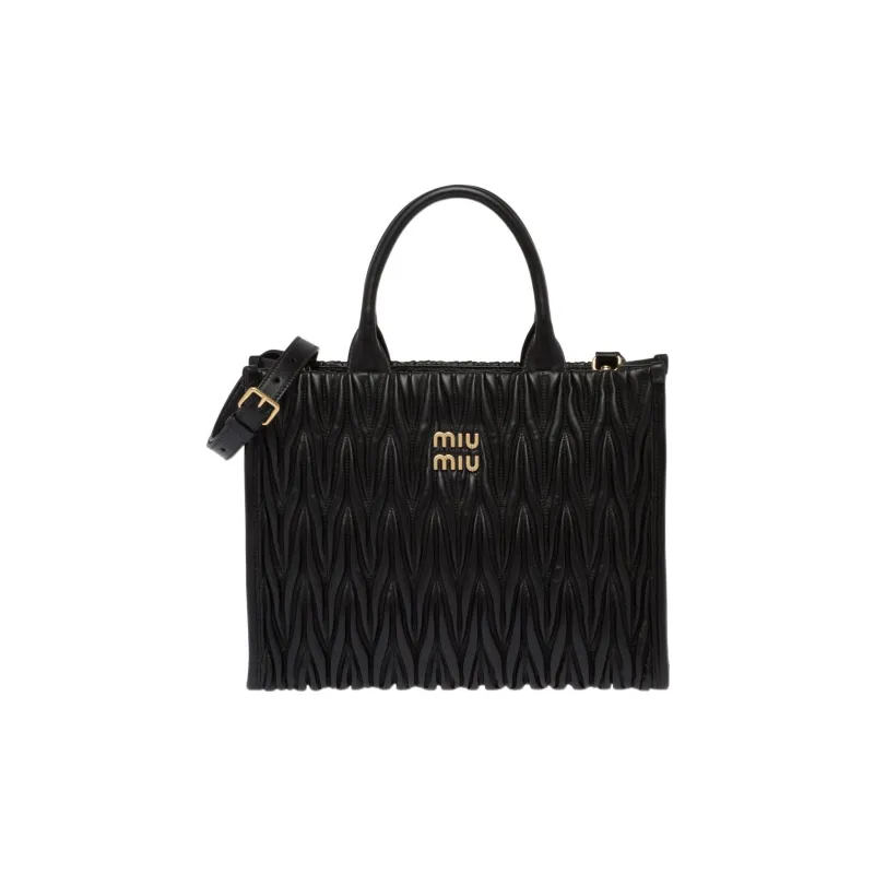 MIU MIU Matelassé Leather Patchwork With Sheepskin Tote Bag Shopping Bag Handbag Women's Black-0