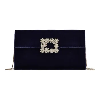 Roger Vivier Flower Strass Velvet Envelope Bag, One Shoulder Crossbody, Clutch Mini Women's Blue