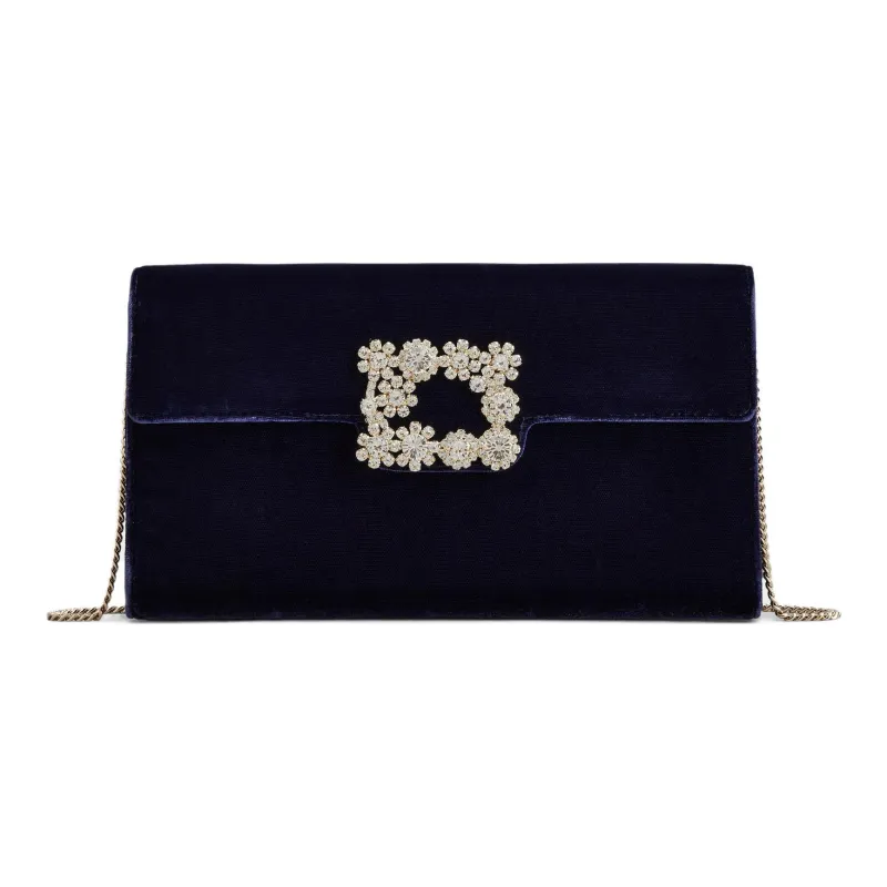 Roger Vivier Flower Strass Velvet Envelope Bag, One Shoulder Crossbody, Clutch Mini Women's Blue-0