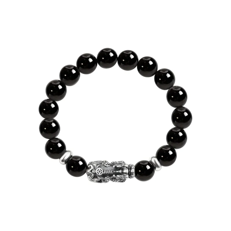 SIMPLE JOYS Obsidian 3D Sterling Silver Chinese Auspicious Animal Beaded Bracelet Unisex-2