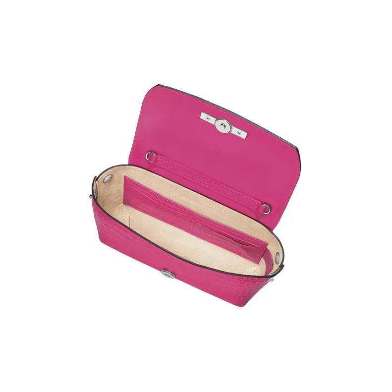 LONGCHAMP Roseau Crocodile-Embossed Calfskin Shoulder Bag Crossbody Bag Women's Fuchsia-3