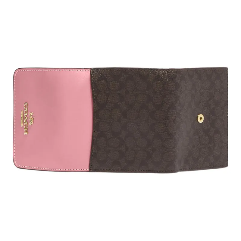 COACH Trifold Wallet Canvas With Leather Card Holder Wallet Small Size Women's Brown & Pink-1