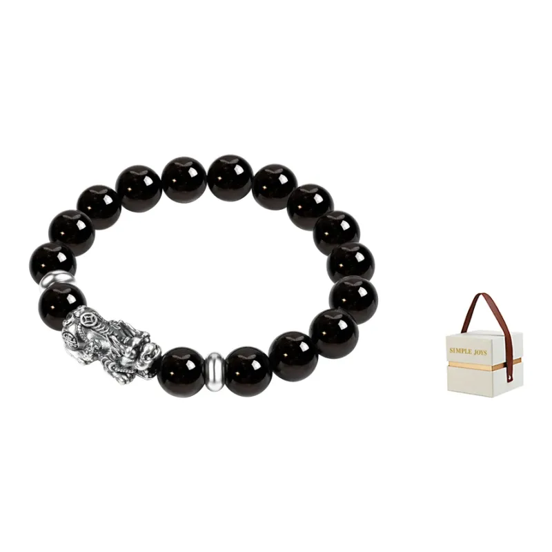 SIMPLE JOYS Obsidian 3D Sterling Silver Chinese Auspicious Animal Beaded Bracelet Unisex-15