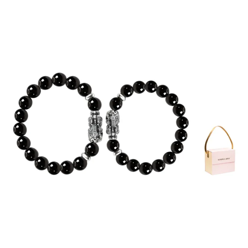 SIMPLE JOYS Obsidian 3D Sterling Silver Chinese Auspicious Animal Beaded Bracelet Unisex-12