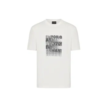 EMPORIO ARMANI Logo Letter Misaligned Print Crew Neck Pullover Short Sleeved T Shirt Men's White
