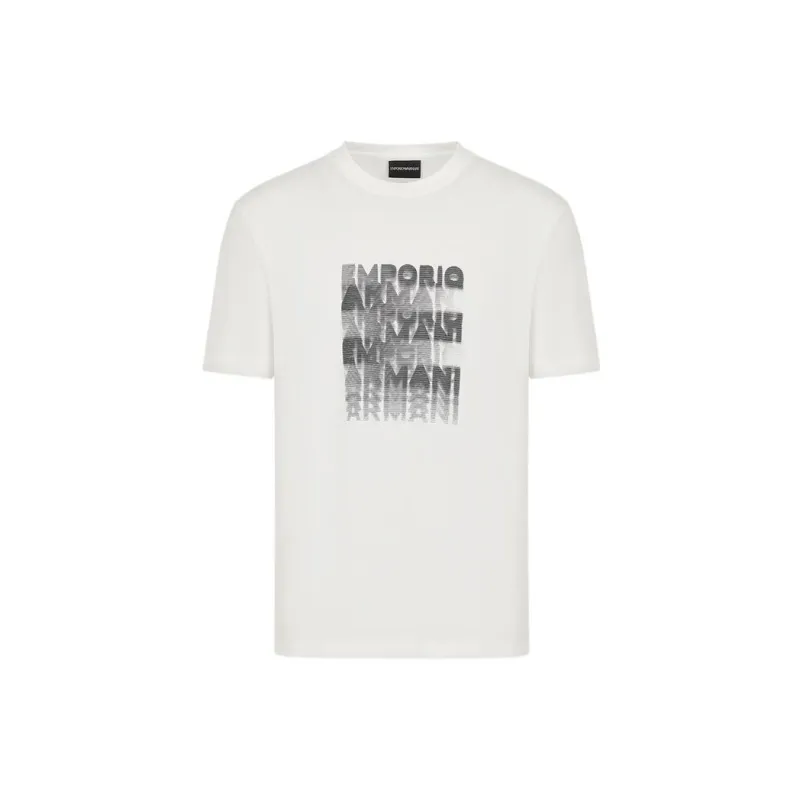 EMPORIO ARMANI Logo Letter Misaligned Print Crew Neck Pullover Short Sleeved T Shirt Men's White-0
