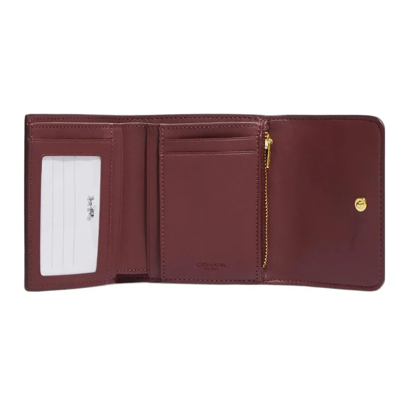 COACH Trifold Wallet Canvas With Leather Card Holder Wallet Small Size Women's Brown & Pink-4